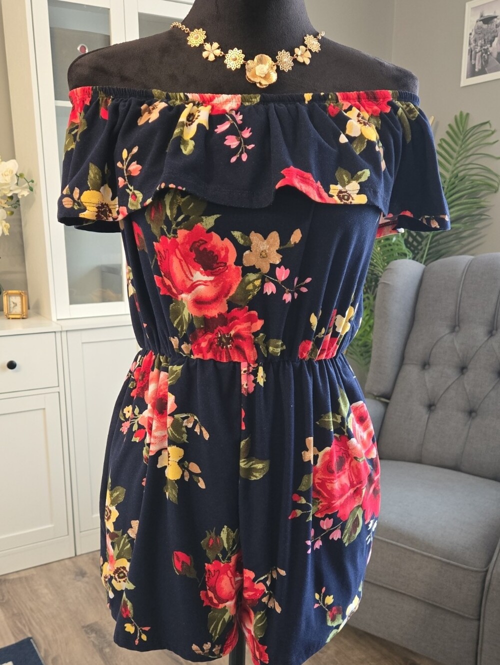 LA Gypsy Off-Shoulder Navy Floral Romper - Red & Green Floral